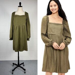 LOFT Green Satin Babydoll Dress Square Neck Bishop Puff Sleeves Smocked Back L